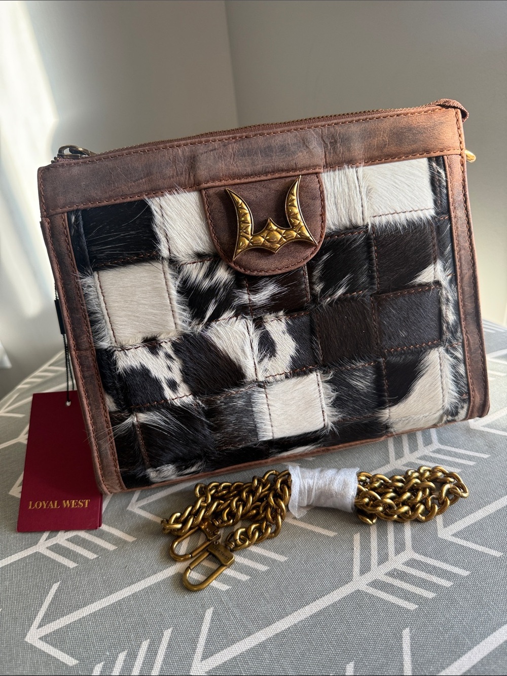 Loyal West Scrappy Medium Chain bag featuring black & white patchwork cowhide